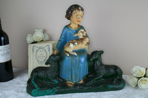 Antique French chalkware religious Lamb girl signed arnova statue sculpture