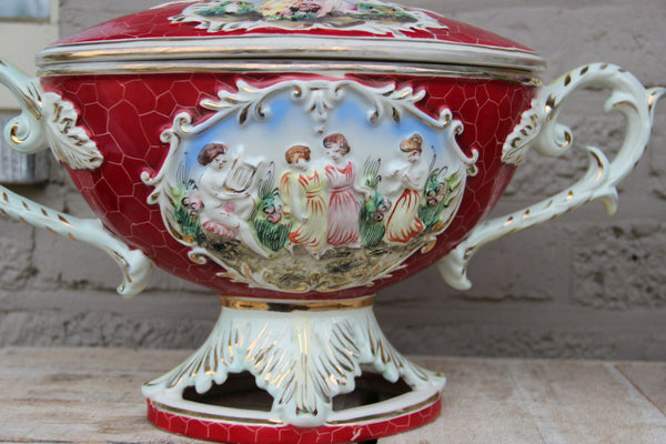 Large italian capodimonte marked porcelain centerpiece lidded bowl putti