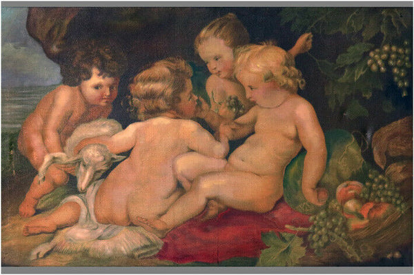 HUGE Flemish oil canvas 1920's Putti group baby jesus lamb religious painting