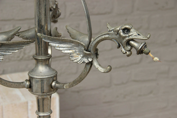Gorgeous Antique bronze silver gilt 3 arm dragon gothic castle chandelier
