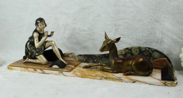 ART DECO 1930 french lady deer statue marble onyx base metal bronze patina