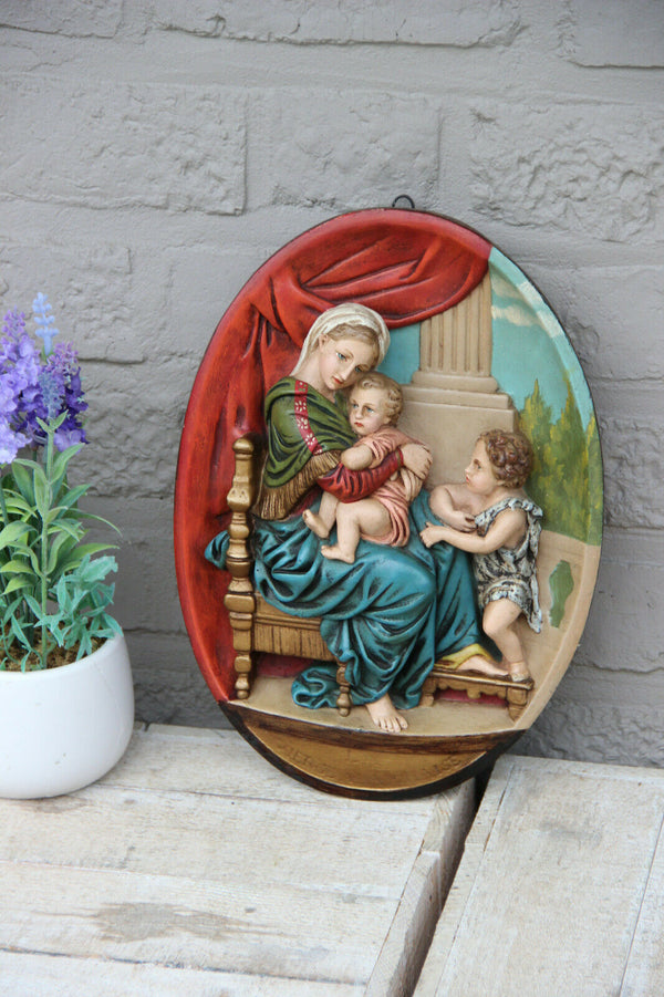 Antique chalkware polychrome hand paint wall panel relief madonna  religious