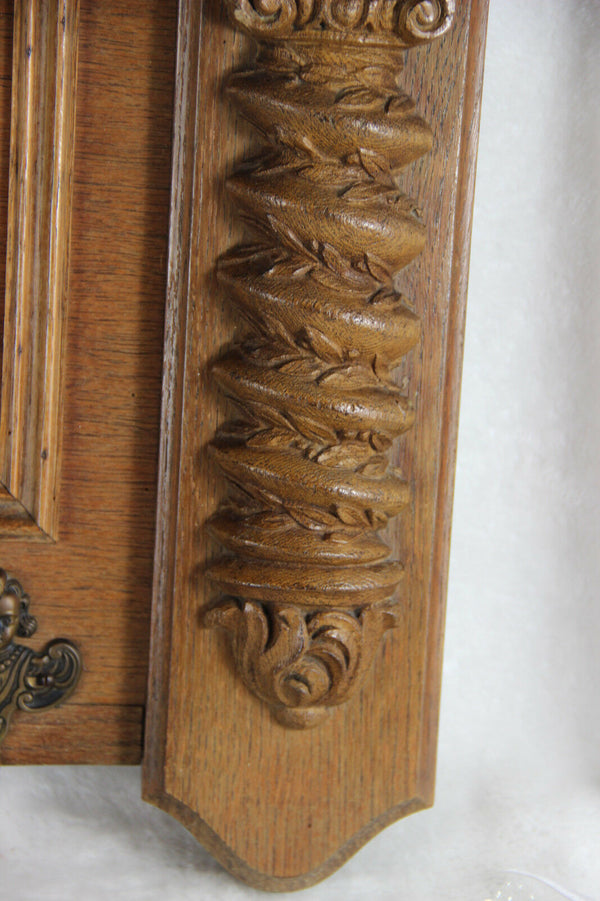 Antique Flemish wood oak carved coat rack wall putti heads 1930
