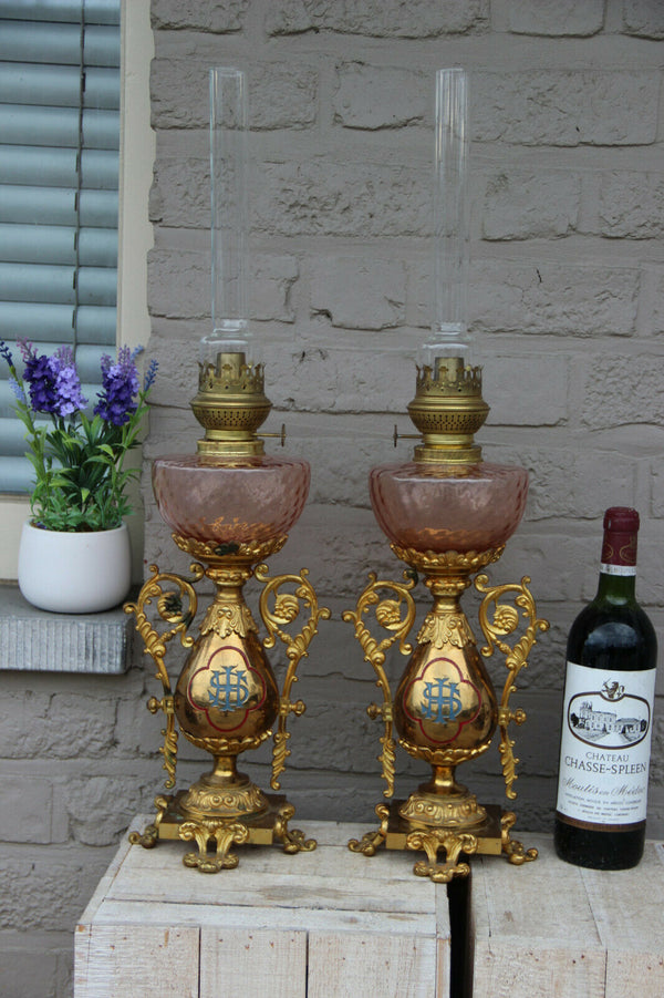 Rare Antique bronze French Church altar PAIR oil Lamps enamel decor religious