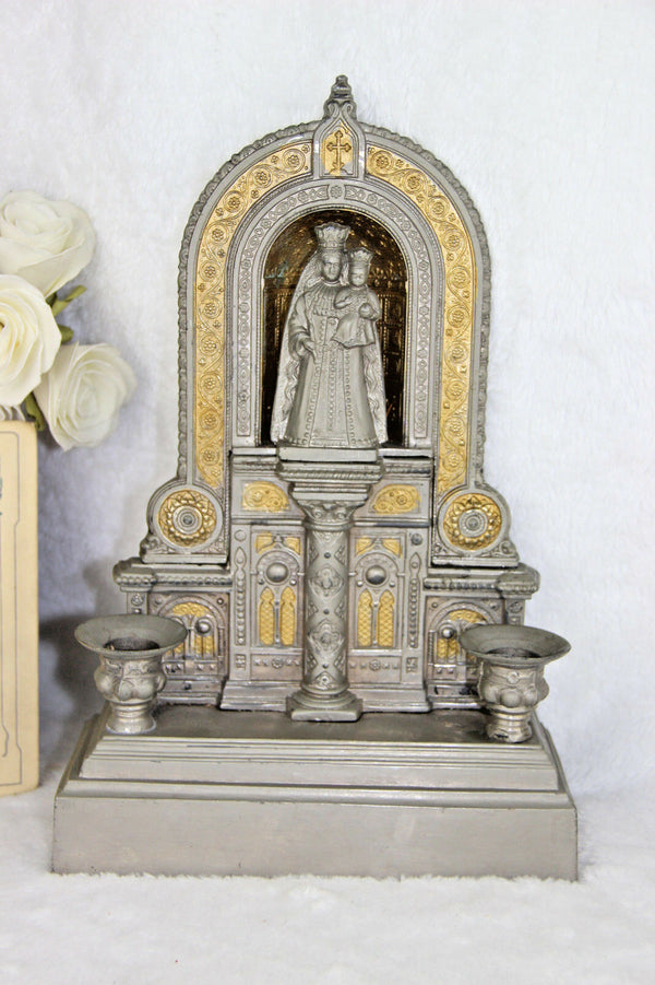 French 1950 Religious home altar church set madonna candle holders metal