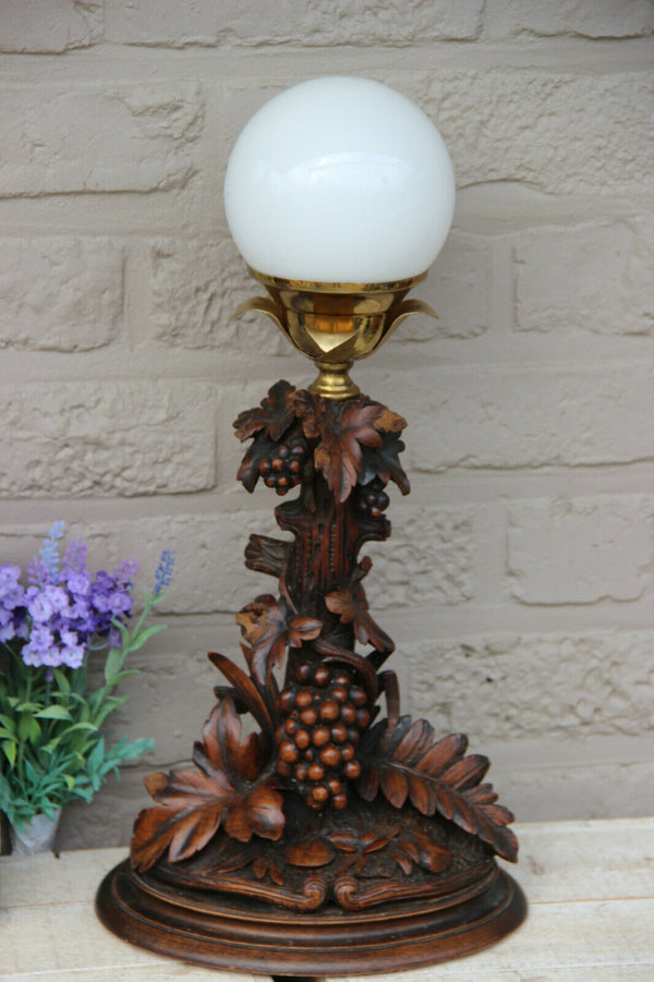 Rare Antique Swiss black forest wood carved table lamp Grape tree floral