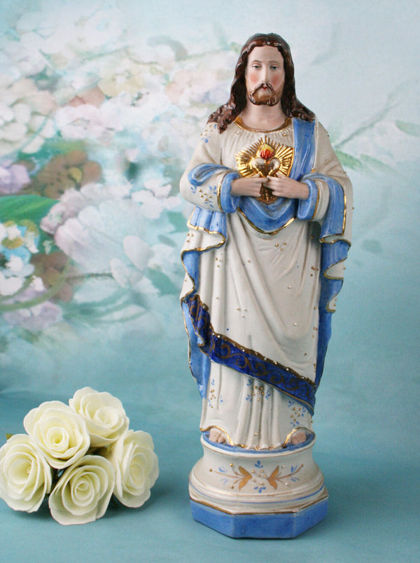 French Biscuit Holy Sacred Heart Joseph statue figurine beautiful colours