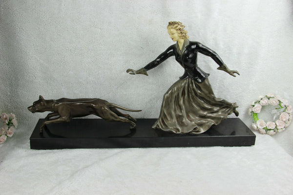 XXL French ART DECO 1930 spelter bronze lady dog on leash marble base
