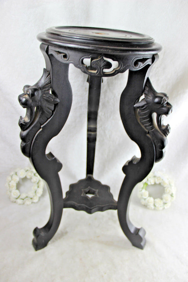 French Pedestal plant stand wood carved black gothic chimaera dragons tripod