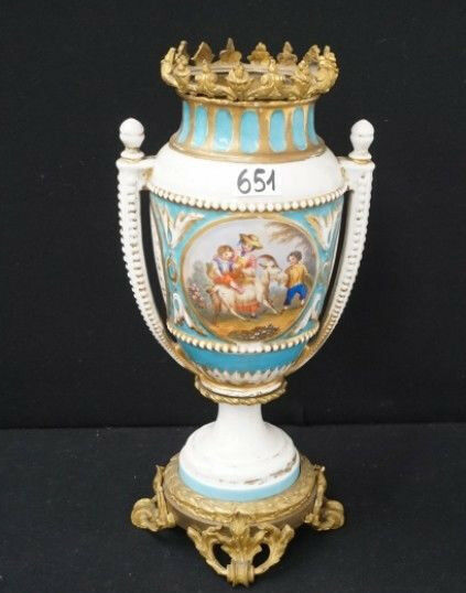 Large French porcelain Vase Louis XVI Brass base romantic scene floral Rare