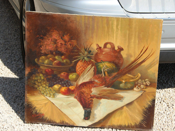 Flemish 1960 OIL CANVAS hunting still life Painting pheasant fruits Table