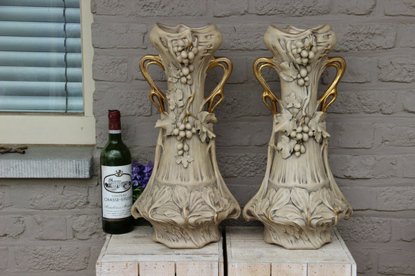 XL Pair ROYAL DUX bohemia porcelain Art nouveau 1900 vases grapes floral rare