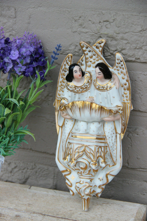 Antique vieux paris porcelain Angels Holy water font 19thc french religious