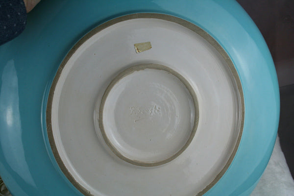 XL Art deco 1930 Ceramic Turquoise Plate signed Paul Serste Belgian Deer
