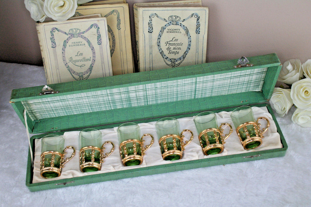 Set of 6 Vintage Green glass brass liquor Glasses set in original Box Czech 1960
