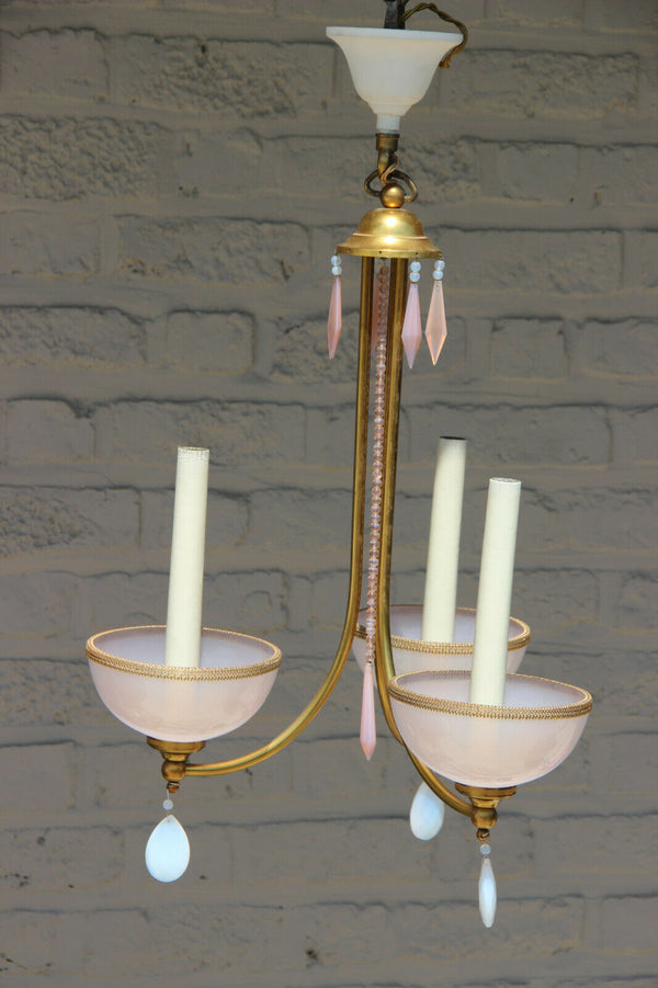 Vintage Murano opaline soft pastel pink white glass drops chandelier pendant 70s