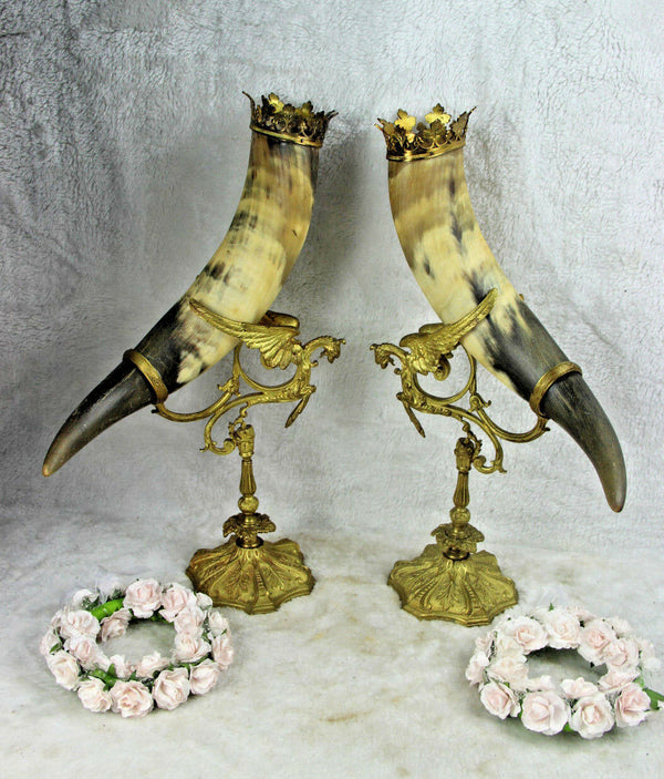 PAIR antique XL Bronze gothic dragon Cornucopia horn statue