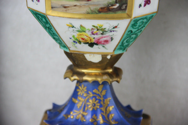 RARE PAIR antique 19thc Vieux paris porcelain scenes floral  Vases swan handles