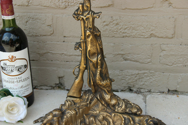 French vintage 1950 Bronze umbrella stand holder hunt trophy rabbit dog horn