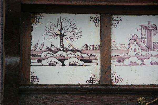 Antique Holland wood Delft 18thc ceramic tiles kitchen towel rack shelf putti