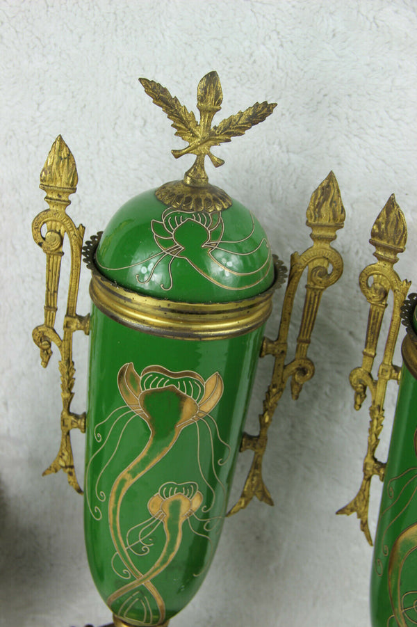 PAIR French antique Faience porcelain Green art nouveau cassolettes vases
