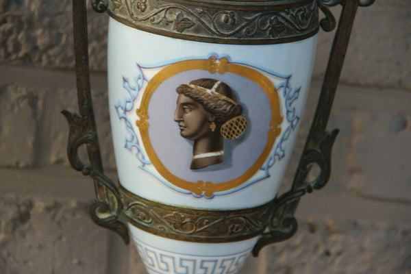 PAIR antique French oil Lamps porcelain Bronze Egypt potrait heads Rare marked