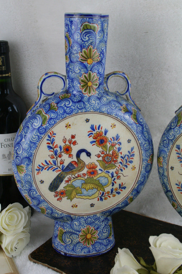 Unusual RARE DELFT marked Kocks Moonflask floral polychrome peacock Vases