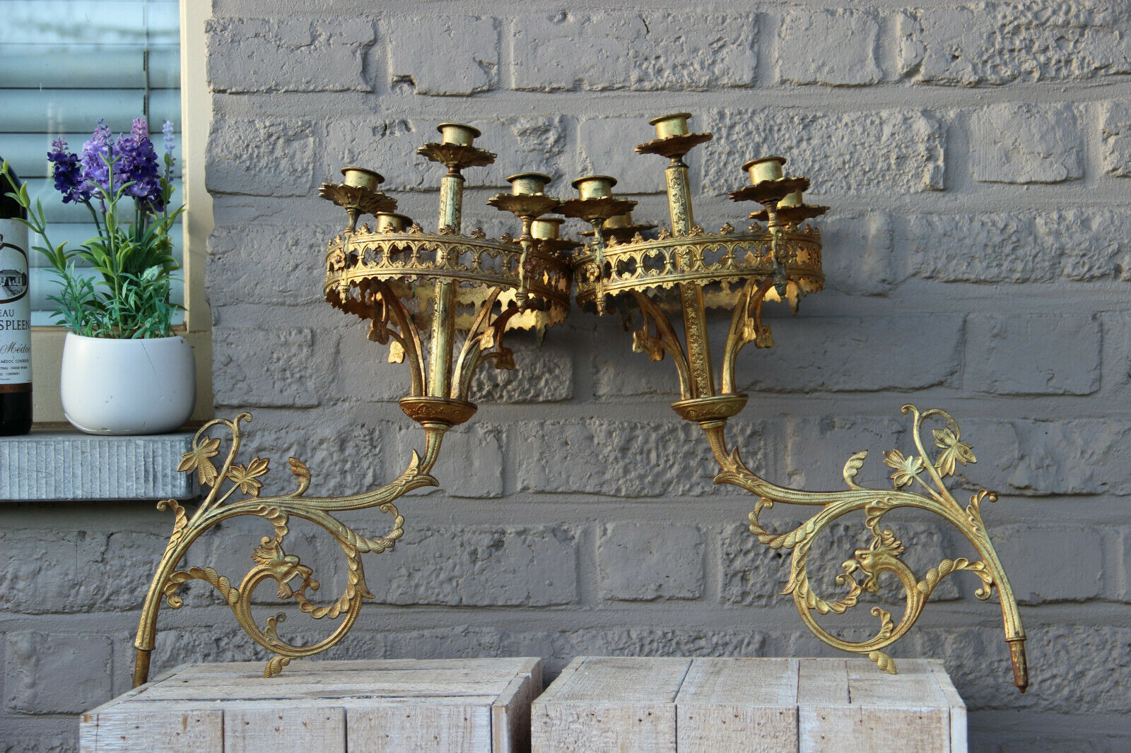 PAIR antique neo gothic dragon Church religious Wall candle holders br