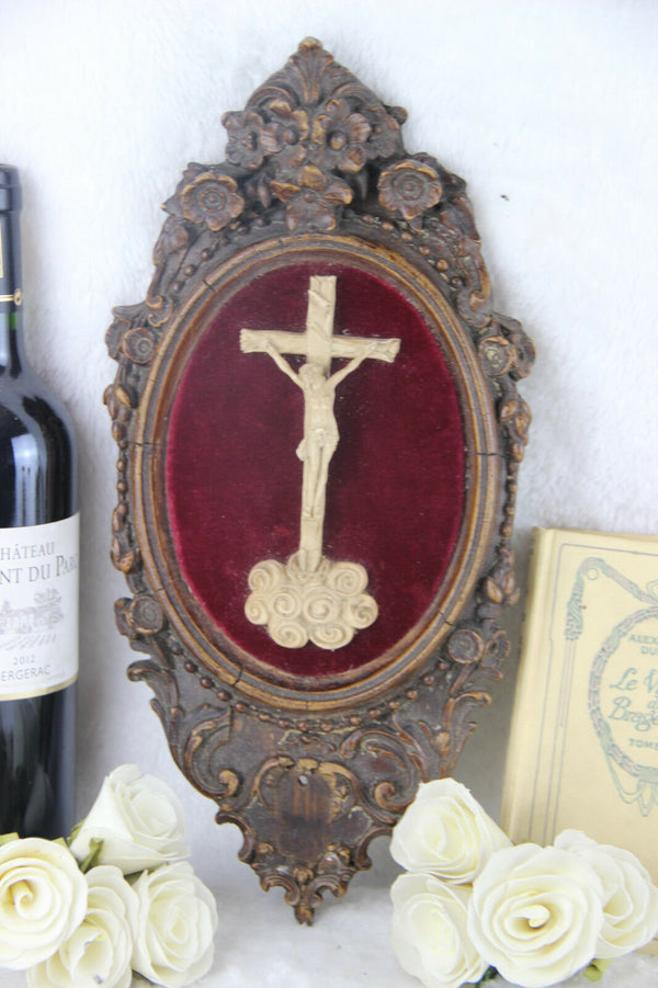 Antique 1880 Napoleon III Crucifix cross religious wood carved velvet