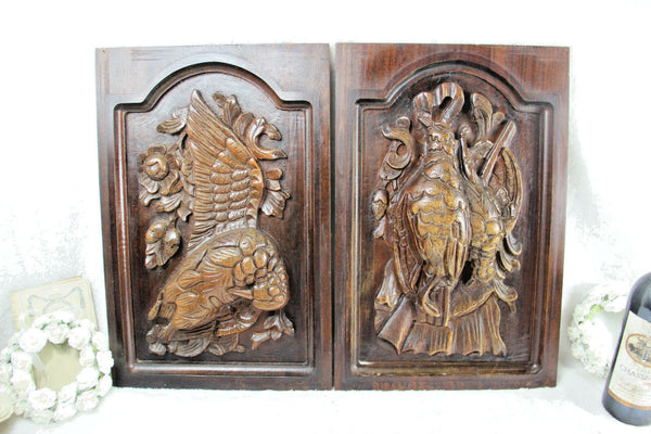PAIR antique Black Forest wood carved hunting cabinet door panels bird no1
