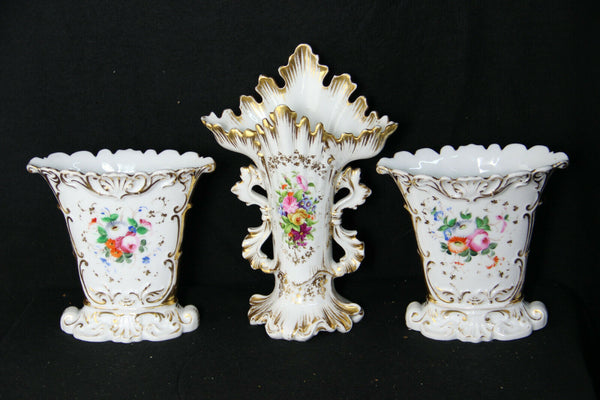 Antique French vieux paris porcelain vases set of 3 hand paint floral