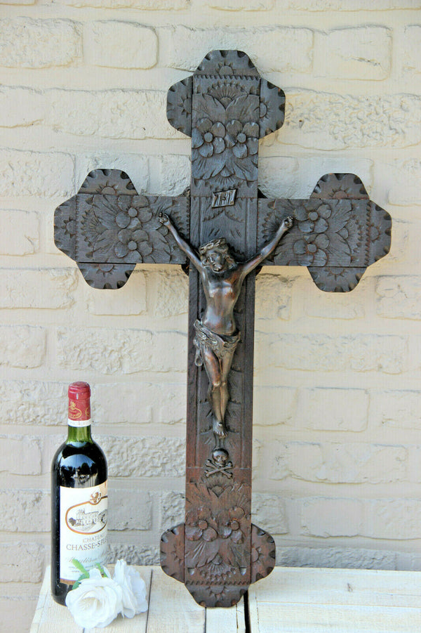 XL 29"  Antique French wood carved Crucifix Religious Cross