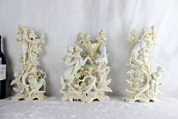 RARE 1900 French Bisque porcelain hunting set of 3 Vases lion panther scenes