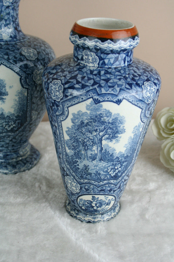SET 3 Antique Royal bonn Blue white flamand decor nature theme Vases marked