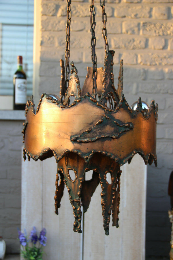 Rare Brutalist Mid century 1970 copper Brass torch Cut Chandelier attr. Greene