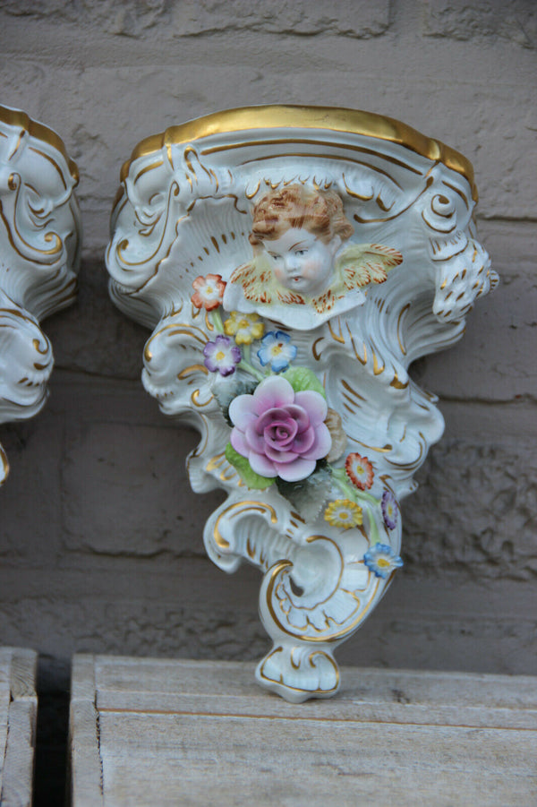 PAIR Plaue schierholz german porcelain putti angel porcelain Wall console floral