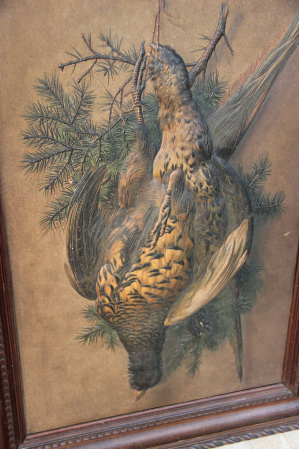 Antique 19thc Hunting trophy partridge bird pheasant relief hand paint panel