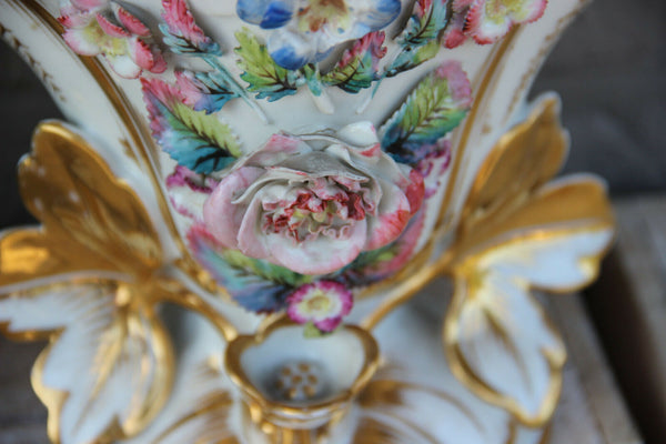 Antique French vieux paris porcelain vase relief floral decor 19th century