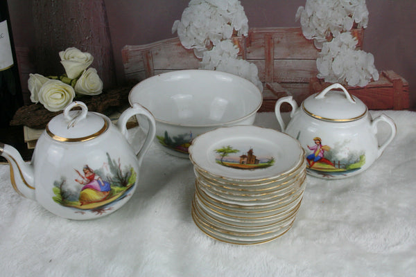 French porcelain Tea pot sugar bowl with 15 plates castle decor Tableware set