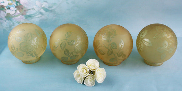 4x ART DECO Chandelier Glass GLOBES Signed DEVEAU amber yellow coloured muller