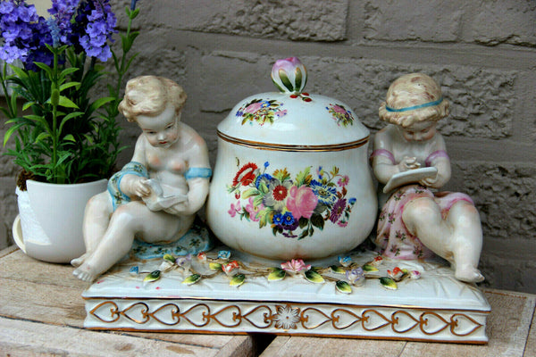 LARGE german porcelain putti figurine Centerpiece lidded Statue box floral decor