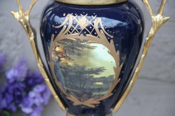 PAIR French Limoges cobalt blue porcelain Vases Landscape romantic scene