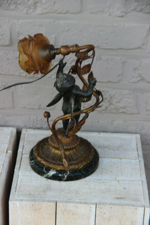 Antique French spelter marble base amber tulip shade angel putti lamp