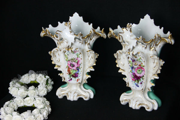 PAIR antique vieux paris porcelain Vases floral hand paint
