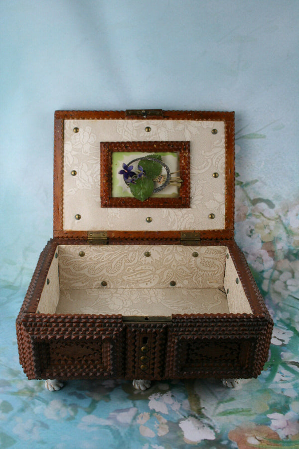 Antique large1900  English Tramp art box wood porcelain paws flower deco inside