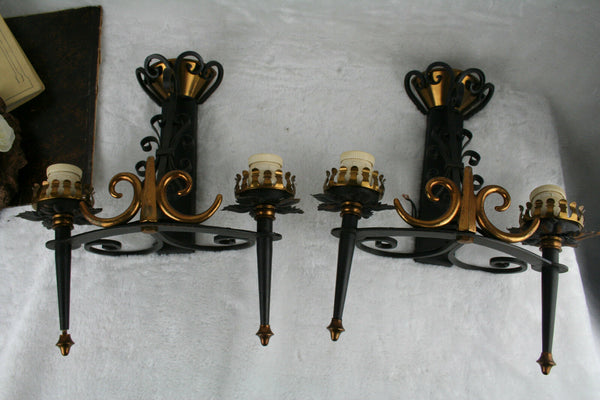 PAIR cast iron metal gothic castle  French 1960s Vintage Sconces wall