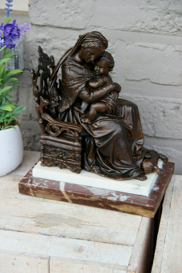 Antique French spelter bronze madonna child marble base statue religious