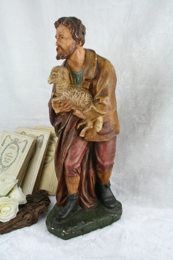 French XL antique saint statue religious 1900 Plaster polychrome marked