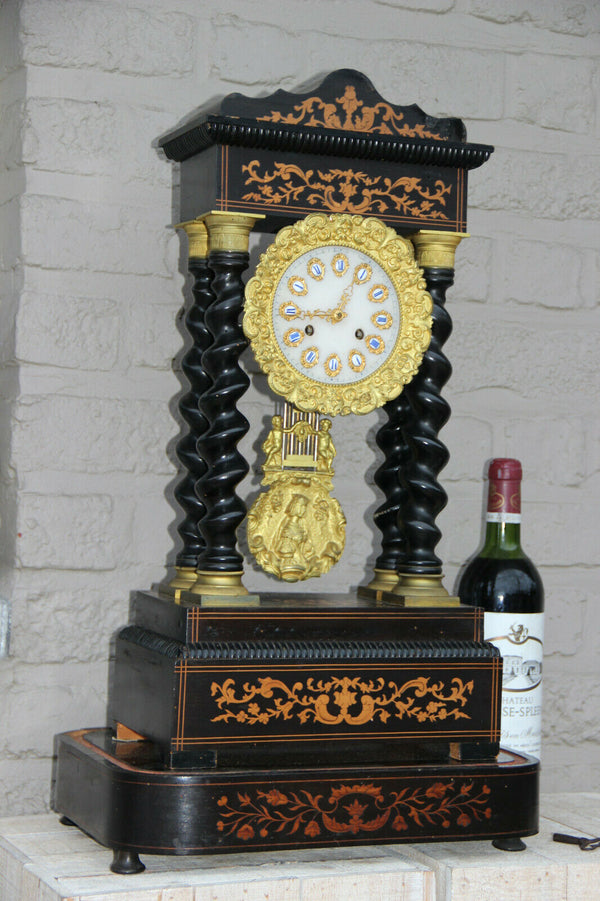 Huge antique wood carved inlaid barley twist column Clock putti angel