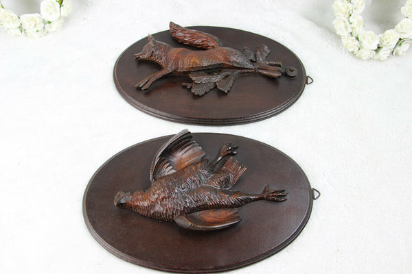 PAIR black forest German wood carved hunting trophy wall panel plaque fox bird